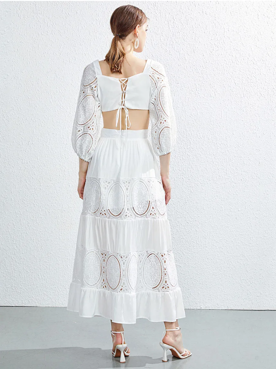 Cut Out Waist Half Sleeves Square Collar Back Strap Swing Boho Dress