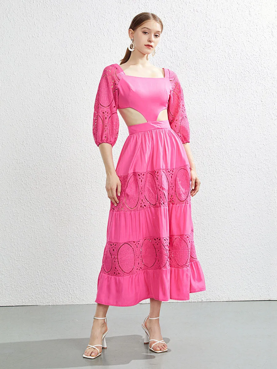 Cut Out Waist Half Sleeves Square Collar Back Strap Swing Boho Dress