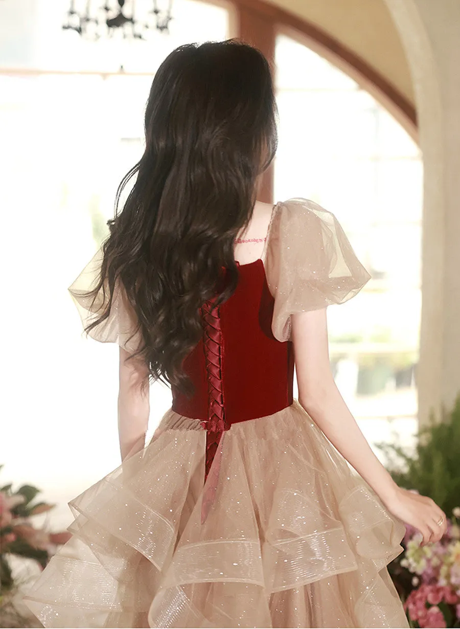 Cute Short Tulle and Velvet Beaded Party Dress, Short Homecoming Dress Prom Dress