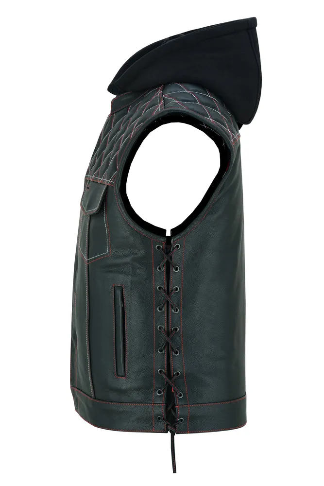 DS194 Men's Hooded US Flag Lining Leather Vest "The Road Edge"