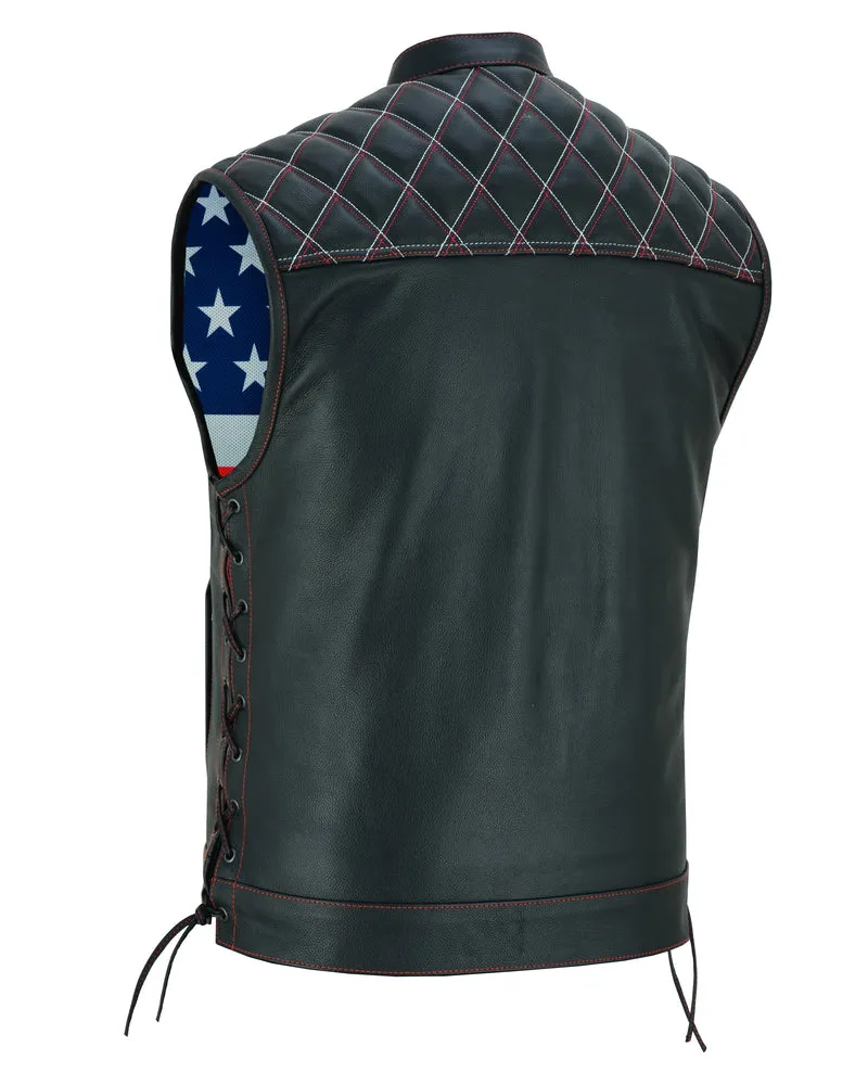 DS194 Men's Hooded US Flag Lining Leather Vest "The Road Edge"