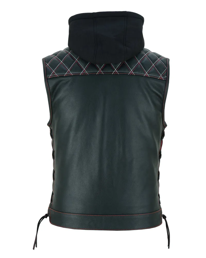 DS194 Men's Hooded US Flag Lining Leather Vest "The Road Edge"