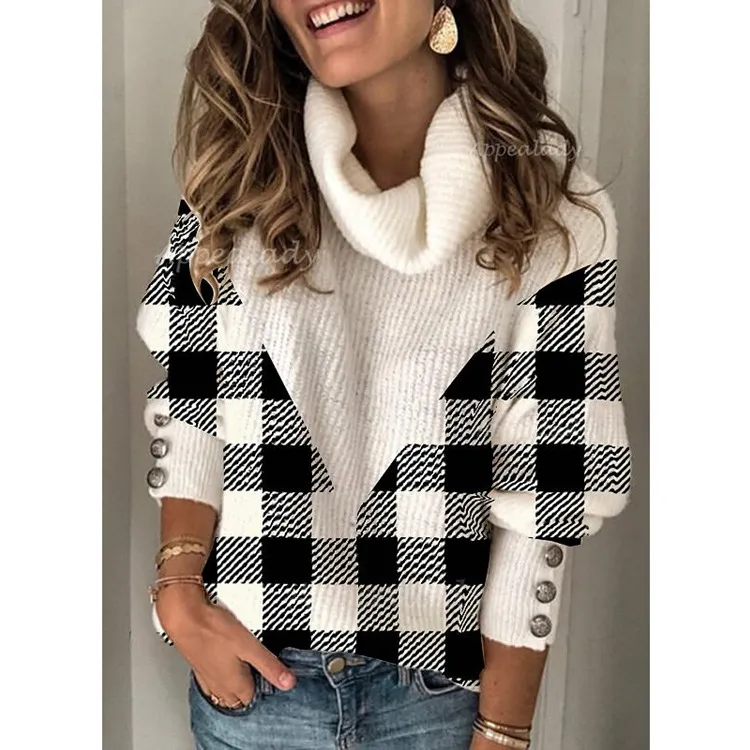 Dunnmall Turtleneck Plaid Patchwork Sweater