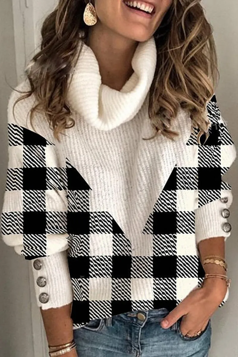 Dunnmall Turtleneck Plaid Patchwork Sweater