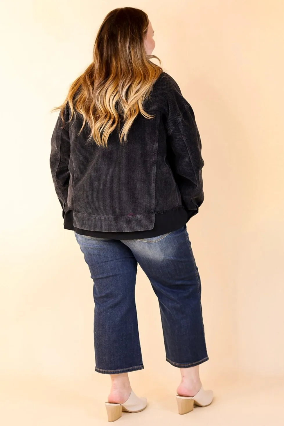 Edgy and Chic Button Up Corduroy Jacket with Raw Hem in Black