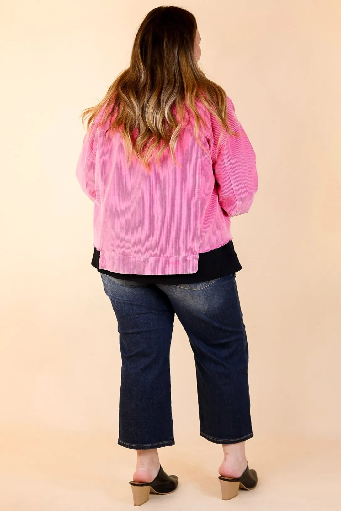 Edgy and Chic Button Up Corduroy Jacket with Raw Hem in Hot Pink