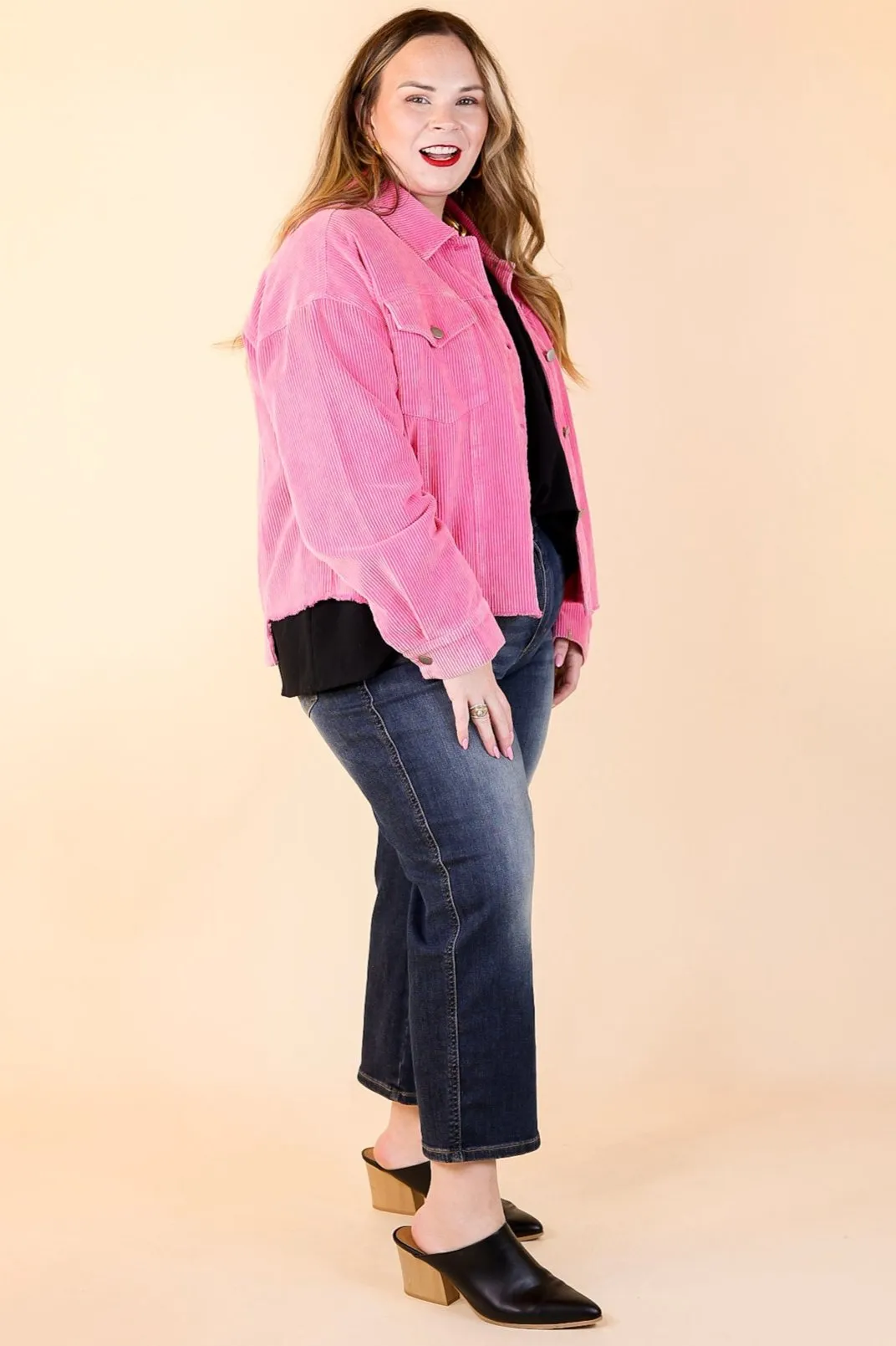 Edgy and Chic Button Up Corduroy Jacket with Raw Hem in Hot Pink