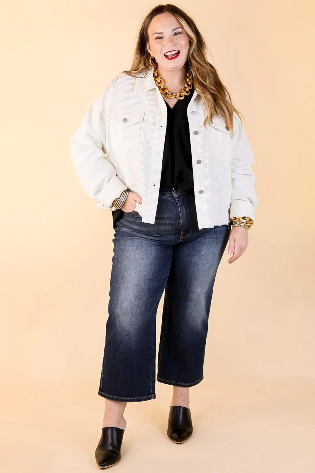 Edgy and Chic Button Up Corduroy Jacket with Raw Hem in Ivory