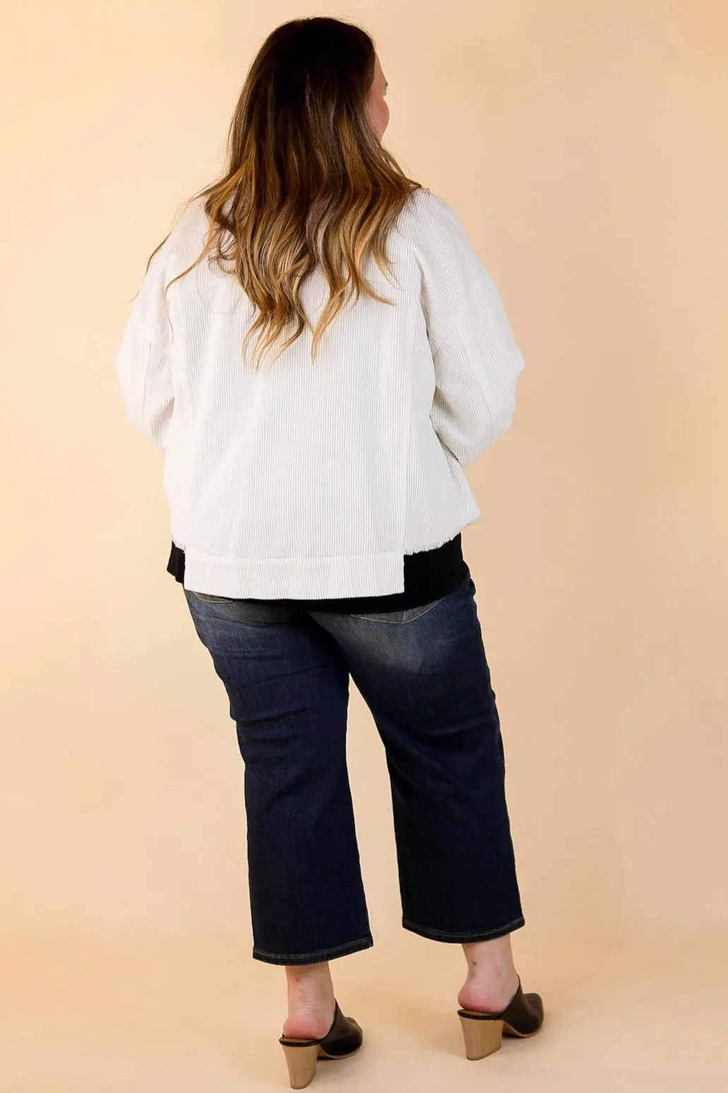 Edgy and Chic Button Up Corduroy Jacket with Raw Hem in Ivory