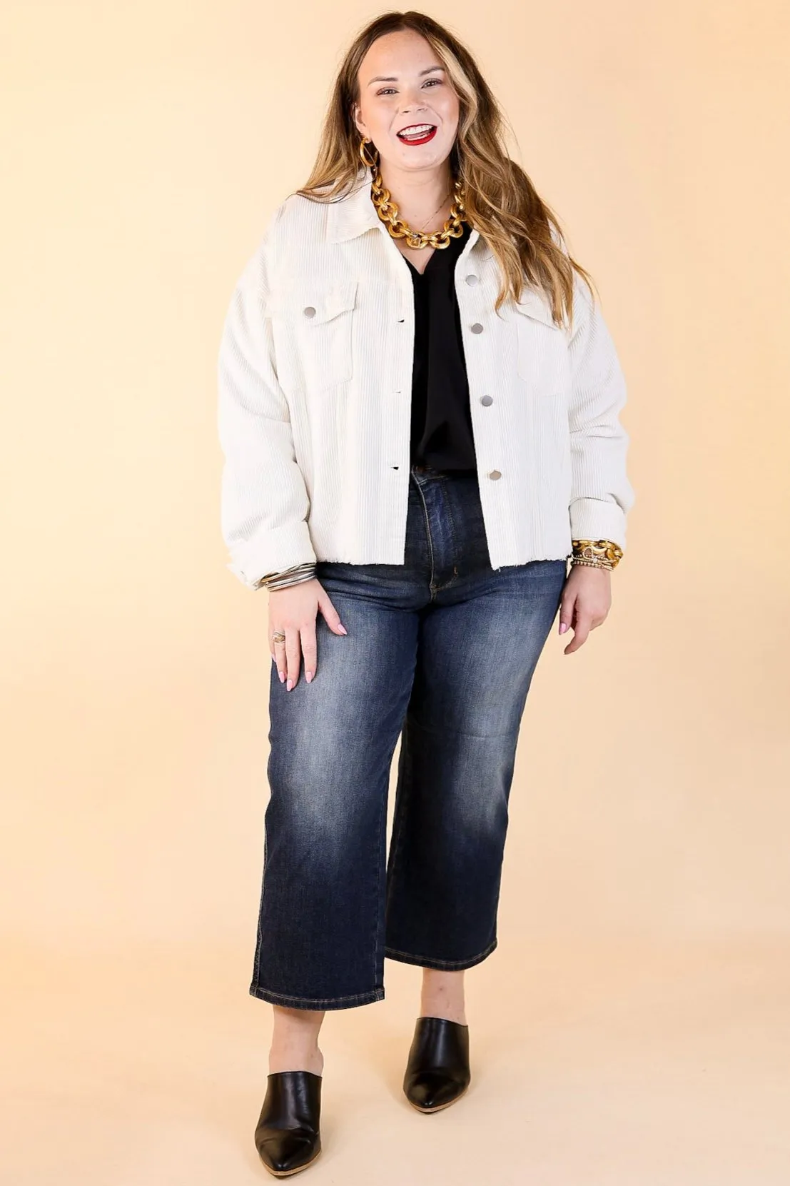 Edgy and Chic Button Up Corduroy Jacket with Raw Hem in Ivory