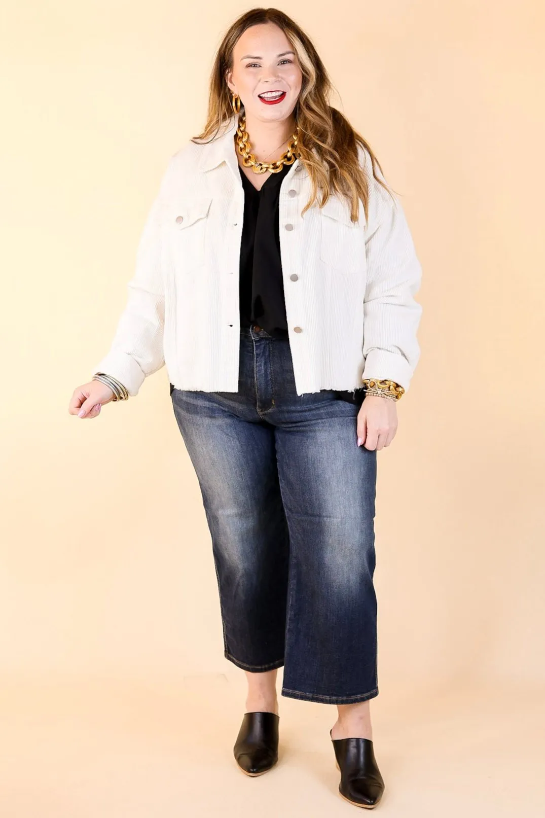 Edgy and Chic Button Up Corduroy Jacket with Raw Hem in Ivory