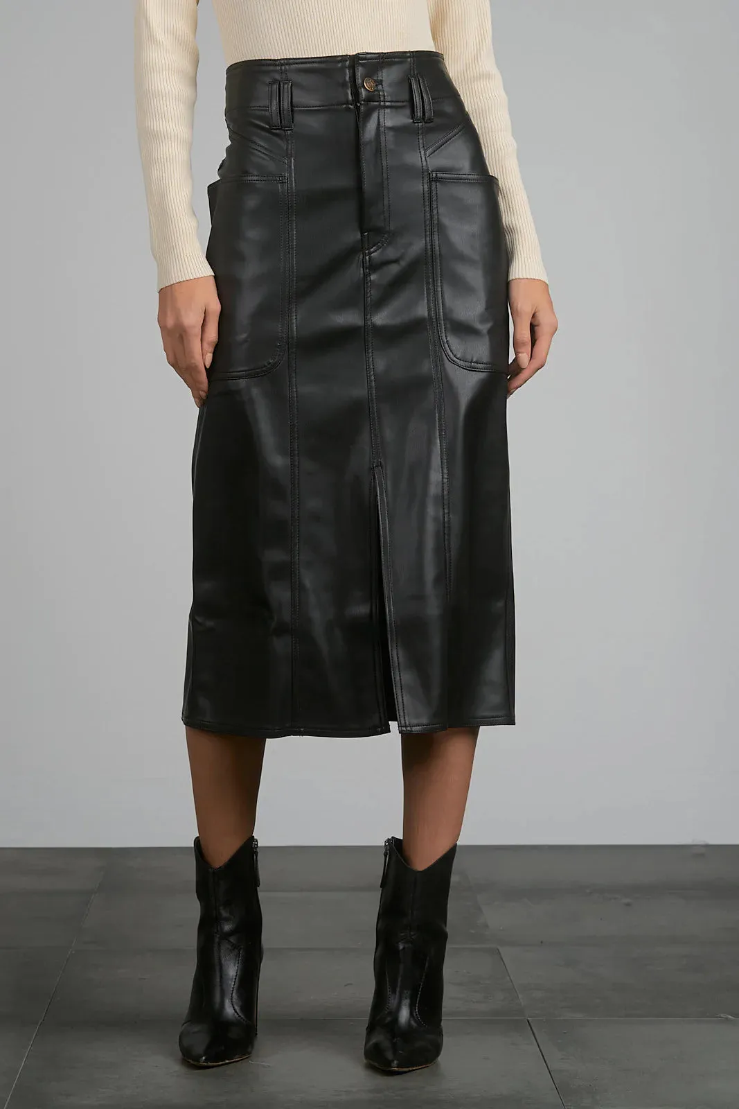 Elan Freda Black Faux Leather Midi Skirt