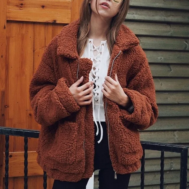 Elegant Faux Fur Coat Women Autumn Winter Warm Soft Zipper Jacket Female Plush Overcoat Casual Outerwear