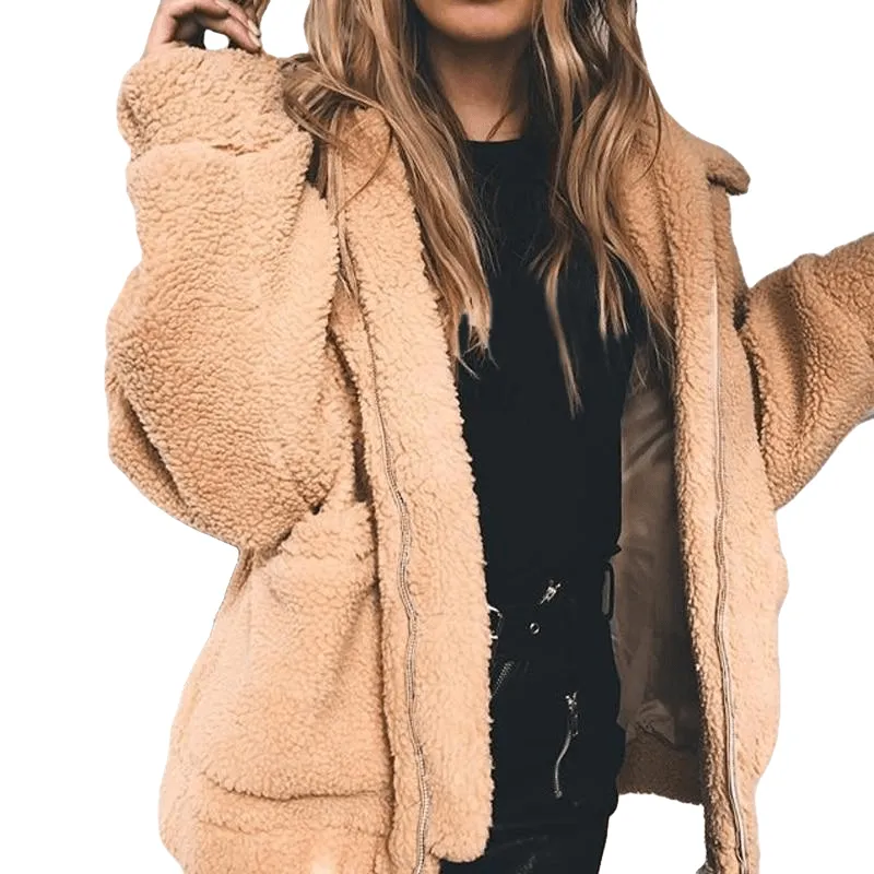 Elegant Faux Fur Coat Women Autumn Winter Warm Soft Zipper Jacket Female Plush Overcoat Casual Outerwear