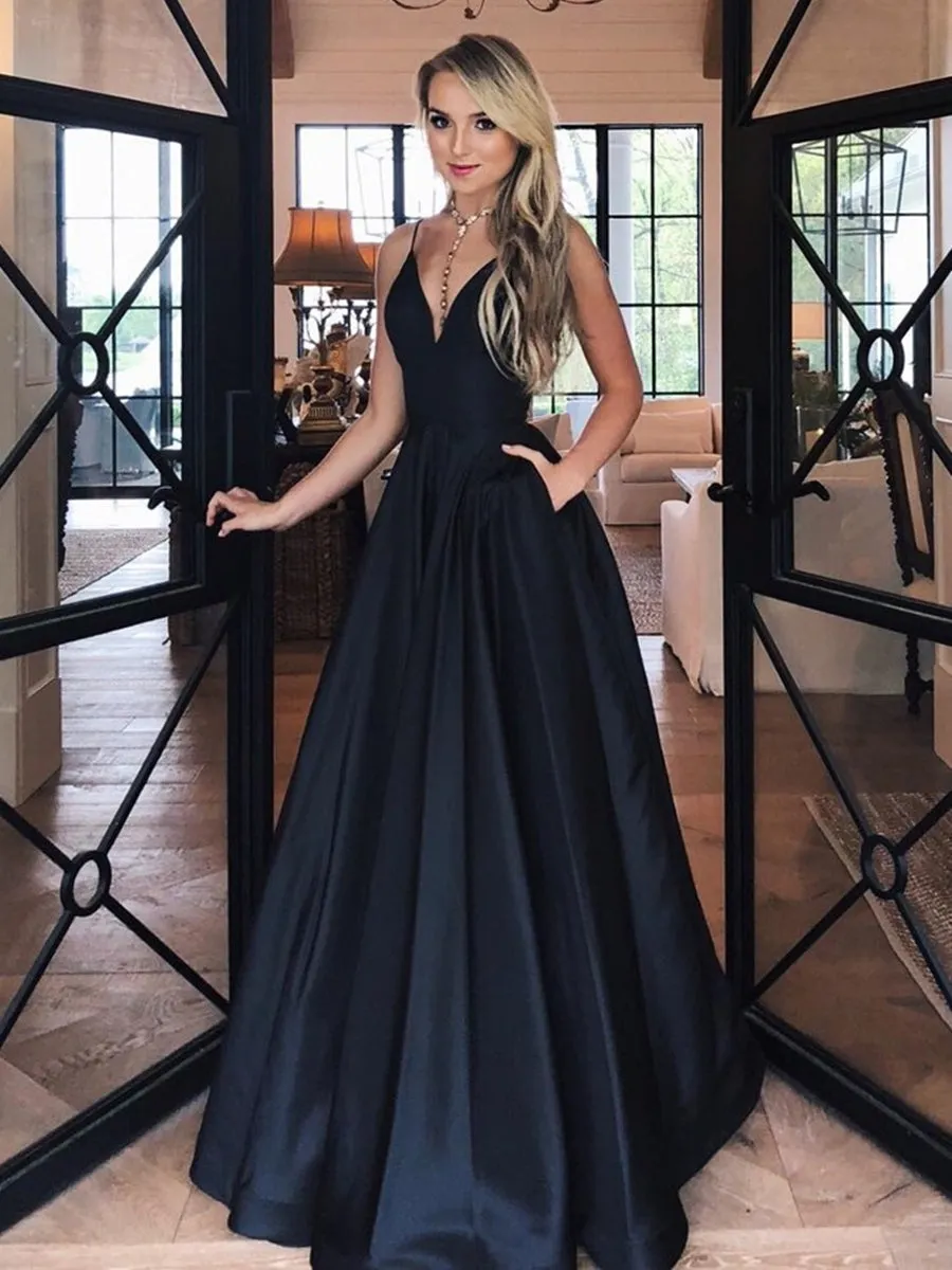 Elegant V Neck Satin Black Long Prom with Pockets, Simple V Neck Black Formal Graduation Evening