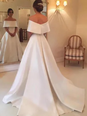 Elegant White Satin Off Shoulder Wedding, Off Shoulder White Satin Long Prom, White Formal Evening