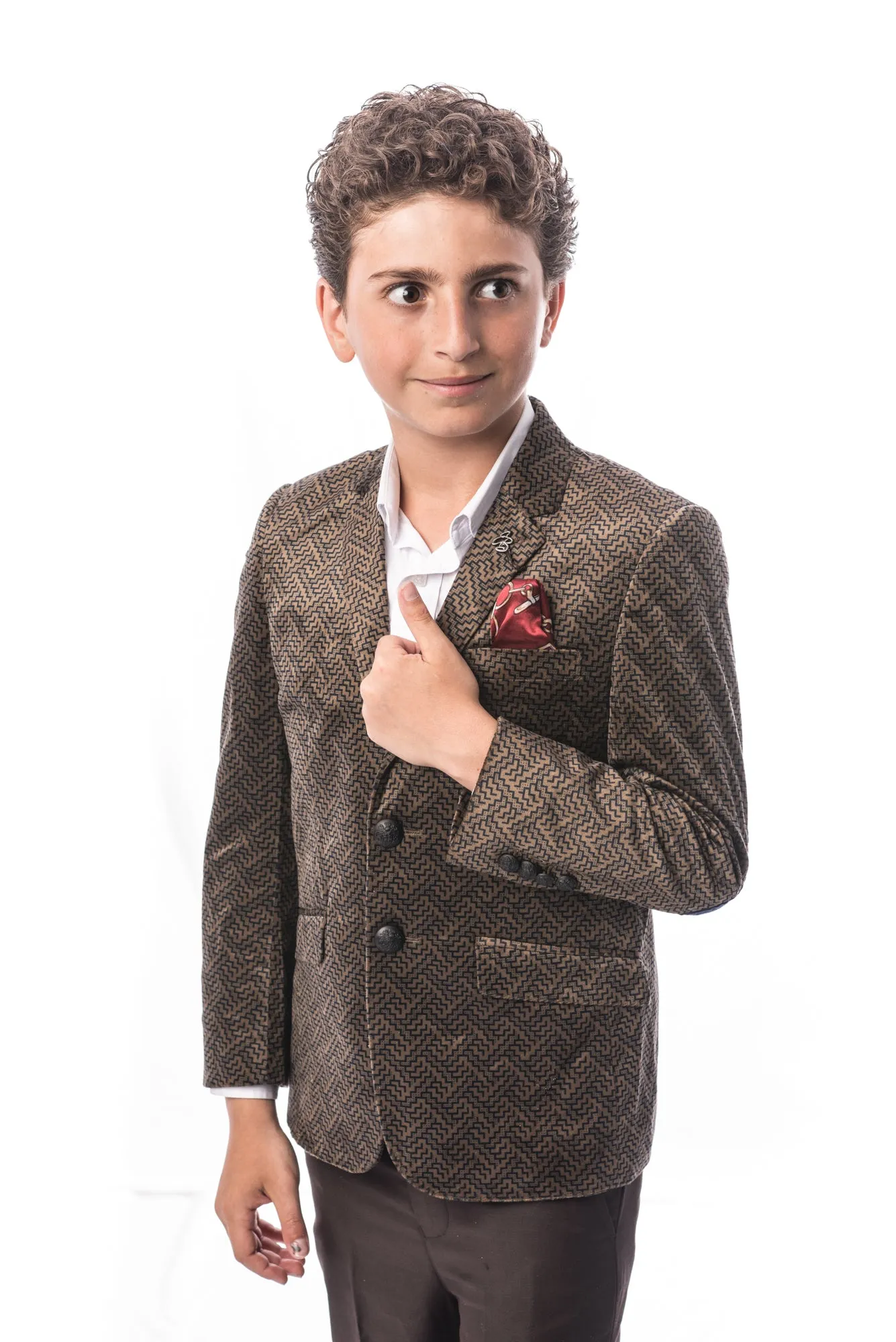 ELIE BALLEH Boys CAMEL Printed Velvet Blazer JACKET