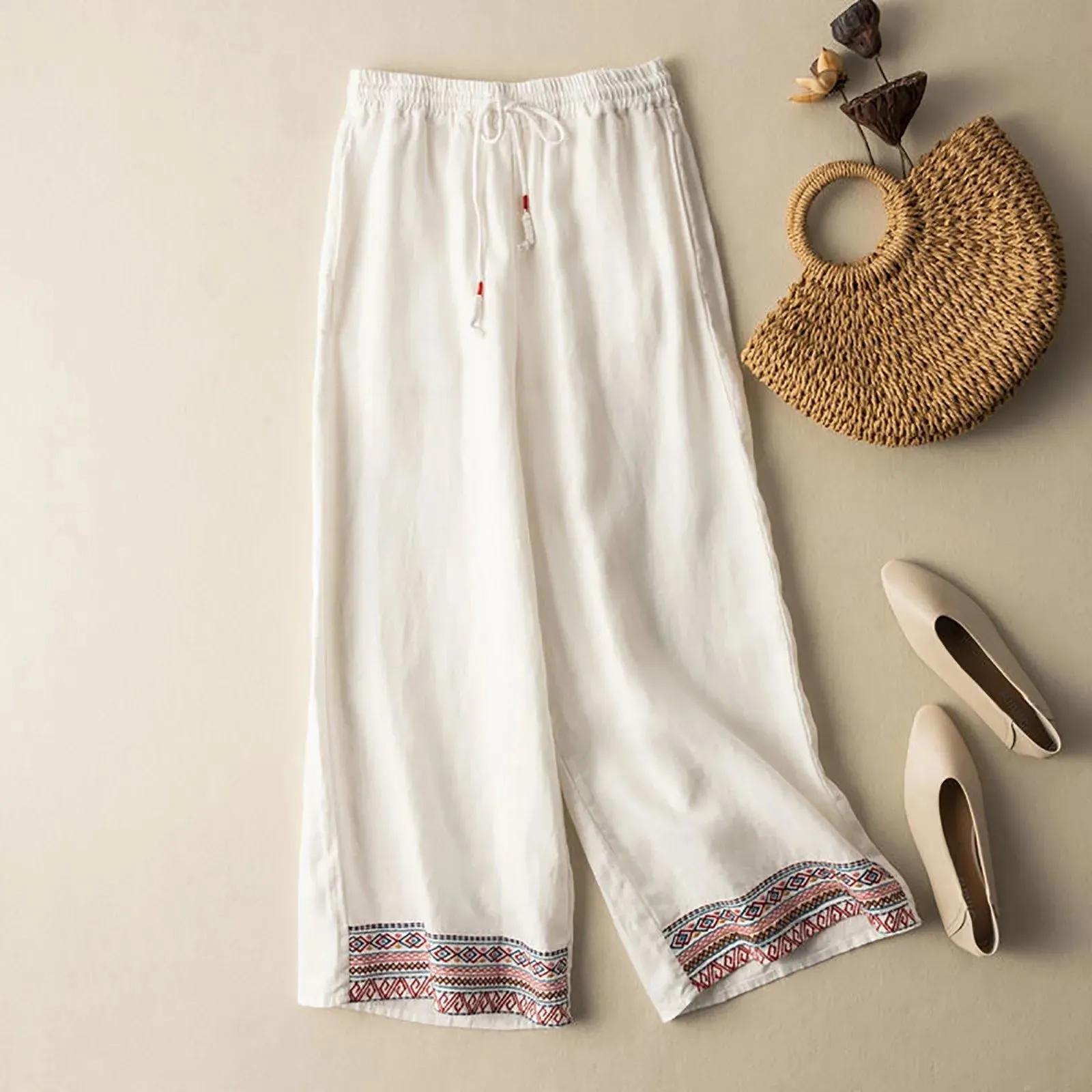 Ethnic Cotton Linen Wide Summer Solid Embroidered Casual Vintage Retro Pants