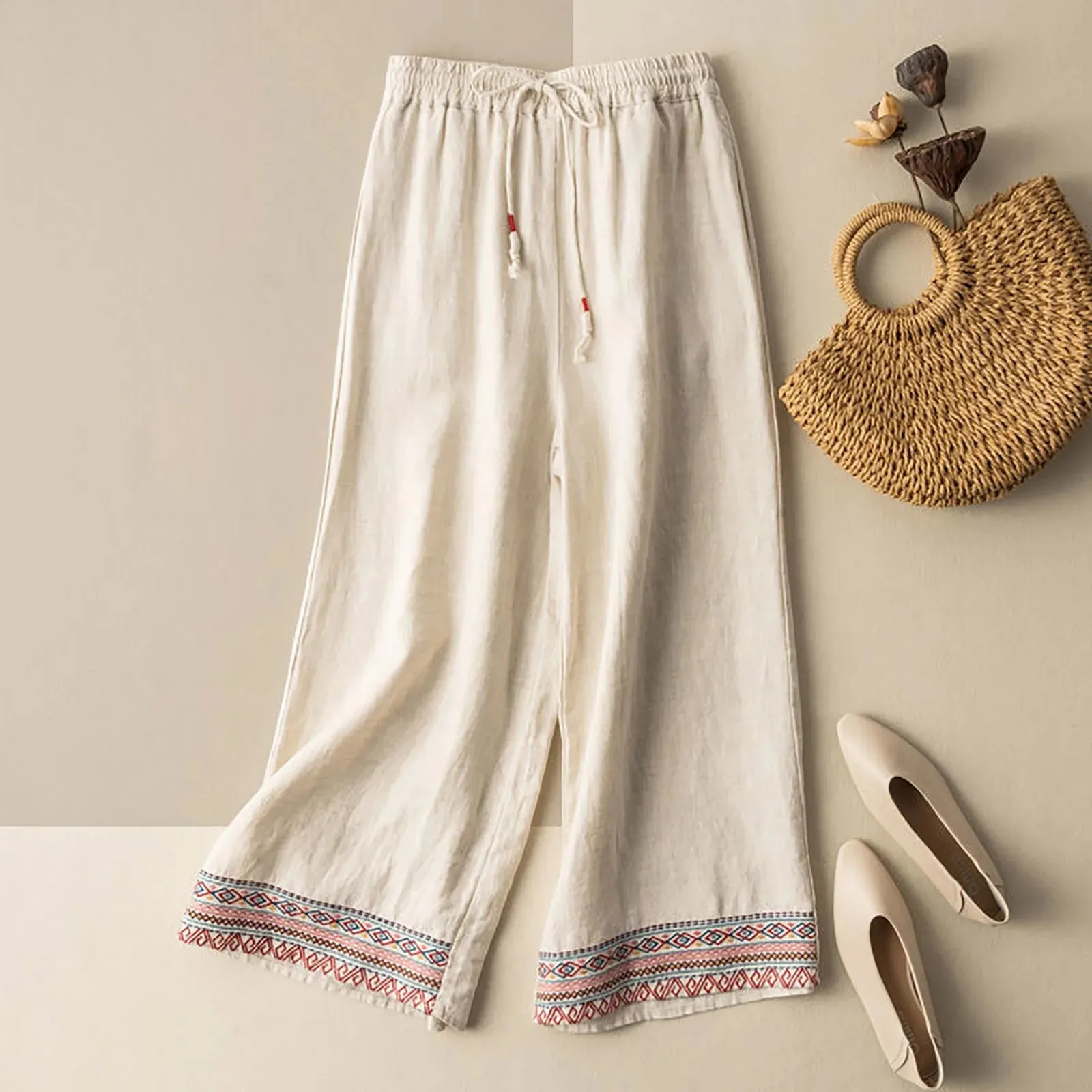 Ethnic Cotton Linen Wide Summer Solid Embroidered Casual Vintage Retro Pants