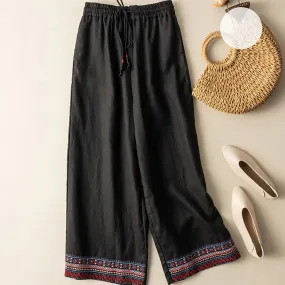 Ethnic Cotton Linen Wide Summer Solid Embroidered Casual Vintage Retro Pants