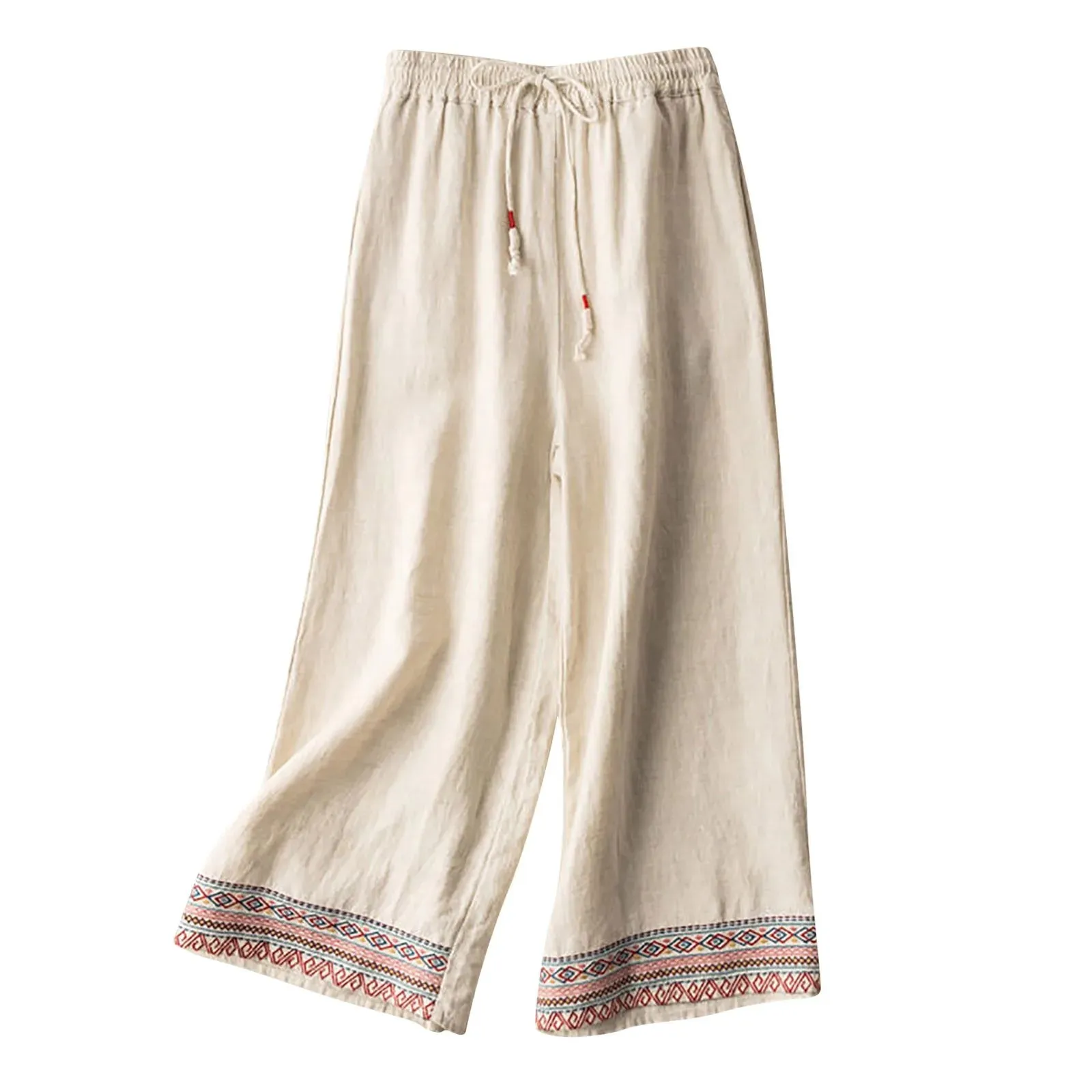 Ethnic Cotton Linen Wide Summer Solid Embroidered Casual Vintage Retro Pants