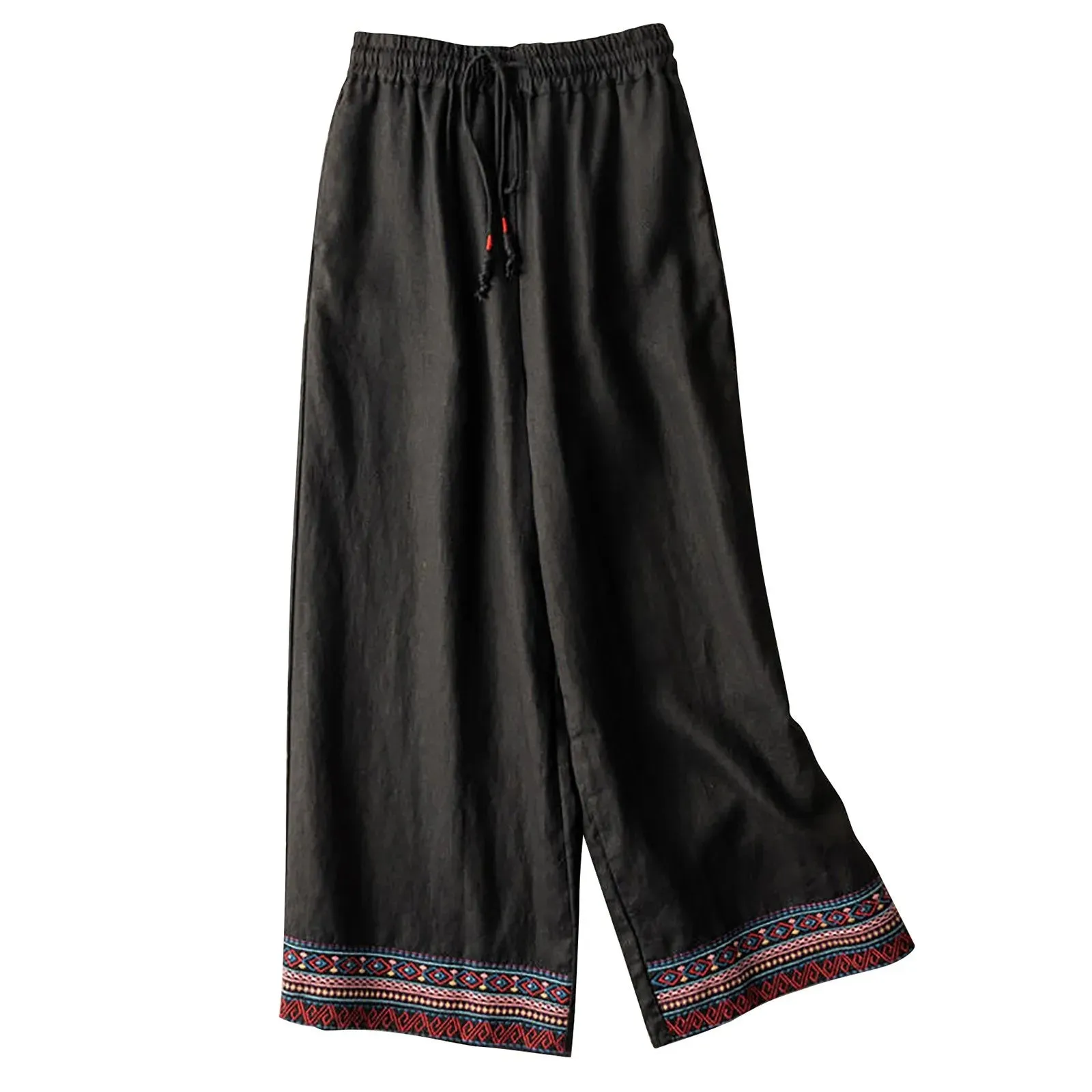 Ethnic Cotton Linen Wide Summer Solid Embroidered Casual Vintage Retro Pants