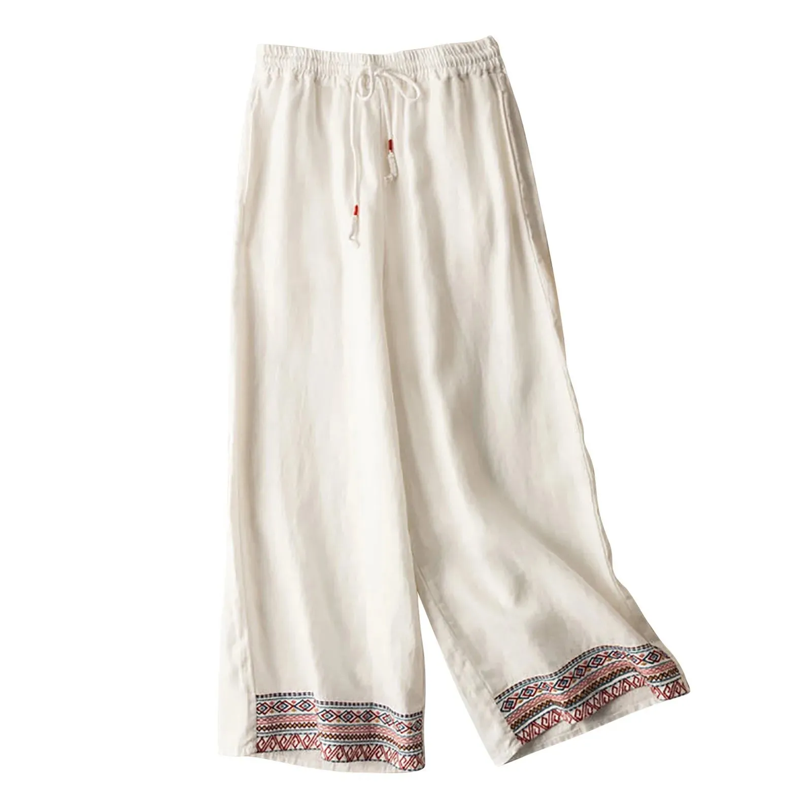 Ethnic Cotton Linen Wide Summer Solid Embroidered Casual Vintage Retro Pants