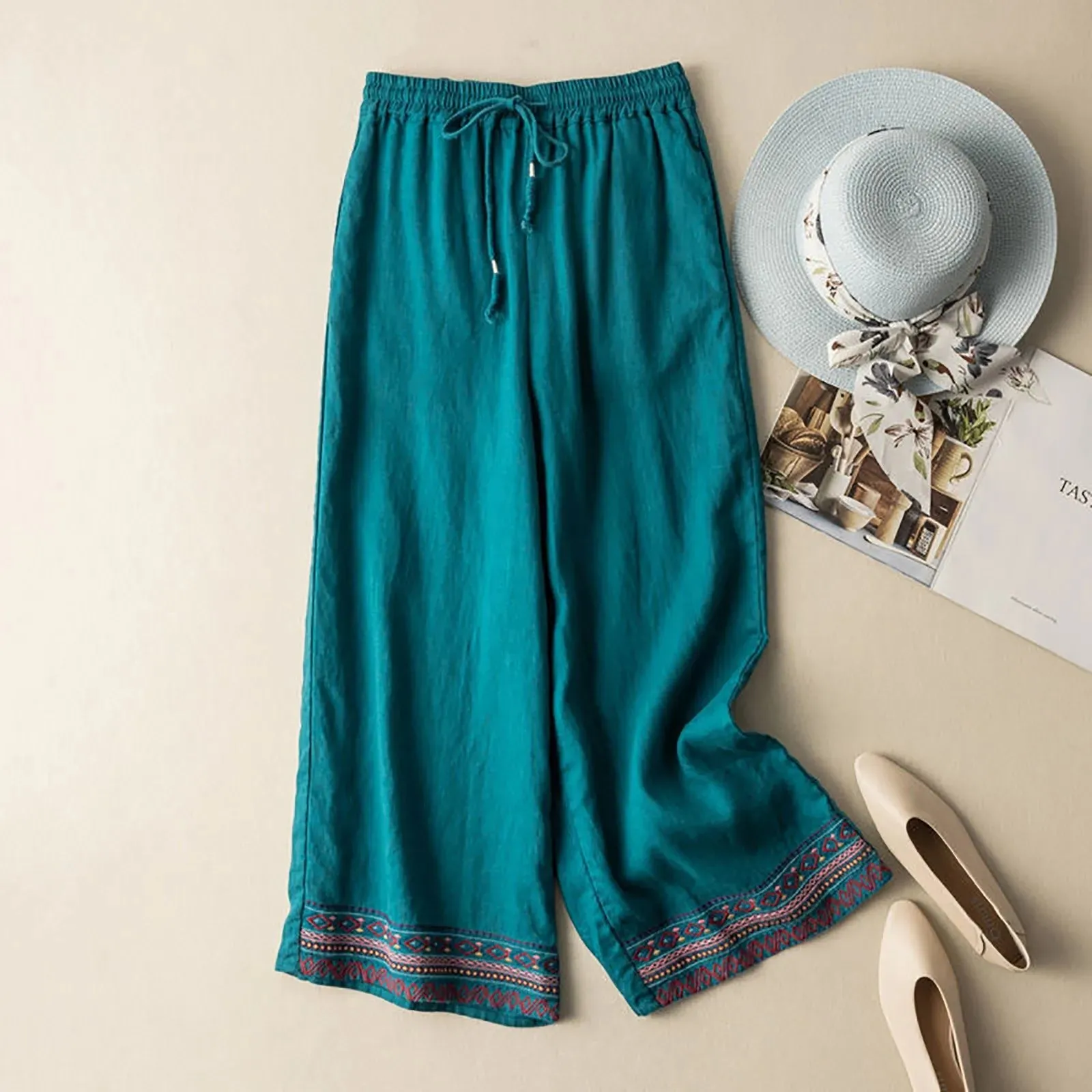 Ethnic Cotton Linen Wide Summer Solid Embroidered Casual Vintage Retro Pants