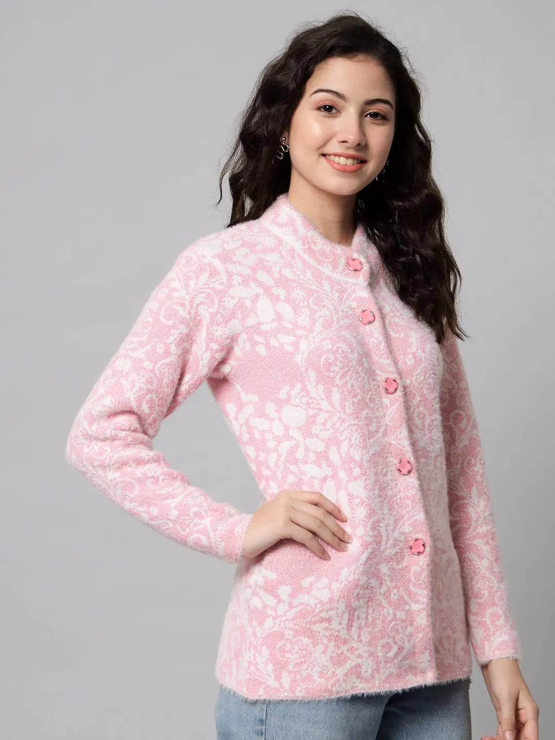 eWools Women's Wool Round Neck Cardigan (L, Pink)