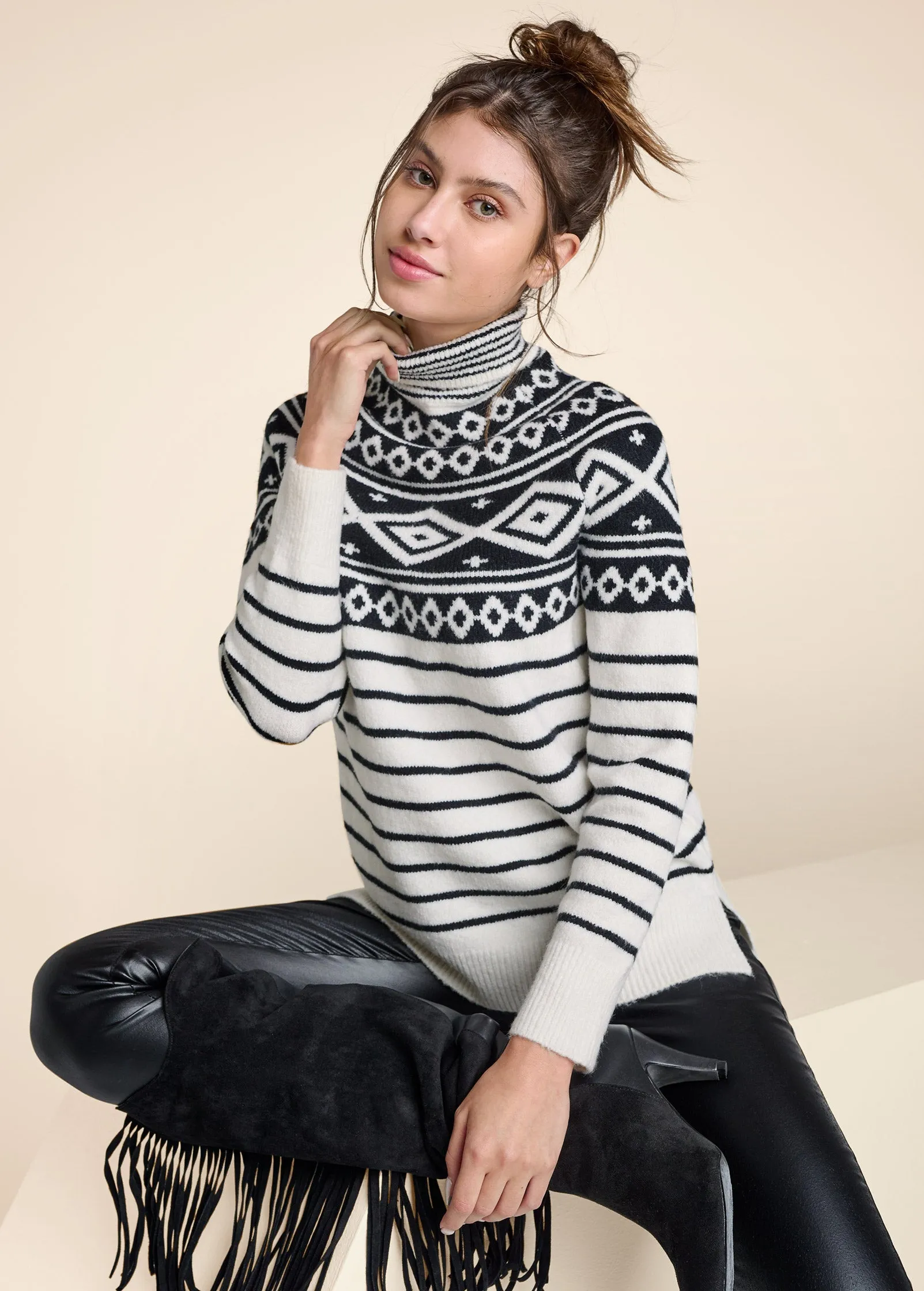 Fair Isle Turtleneck Sweater - White & Black