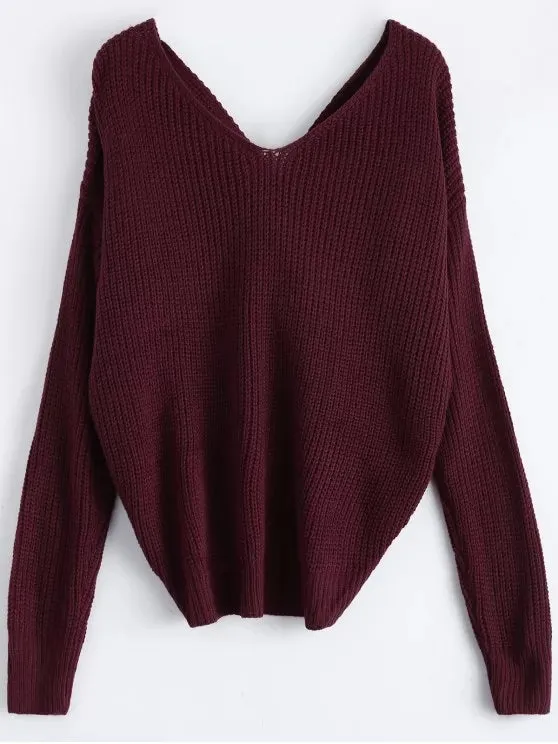 Fashion V Neck Twisted Back Sweater