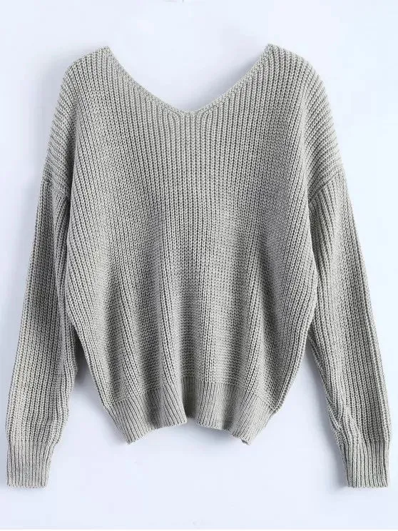 Fashion V Neck Twisted Back Sweater