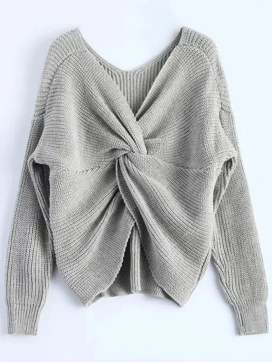 Fashion V Neck Twisted Back Sweater