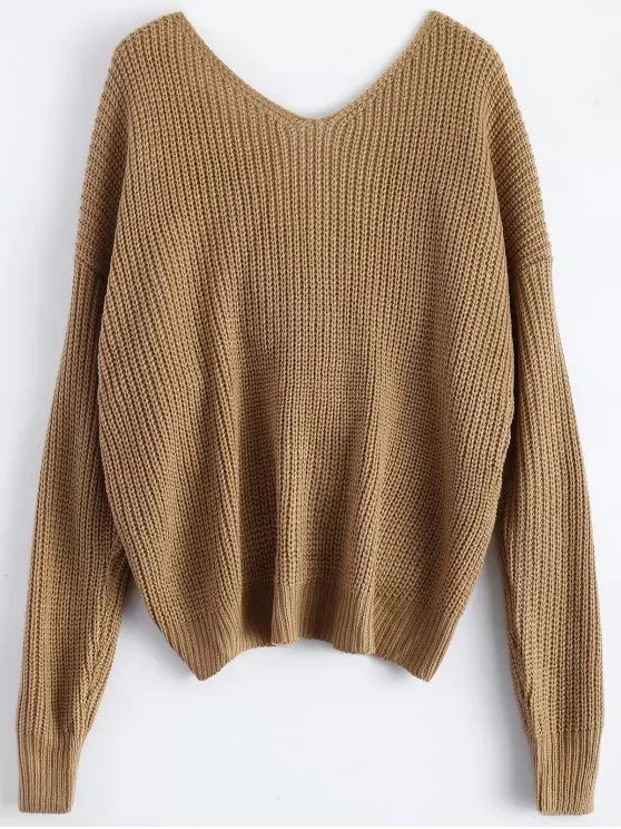 Fashion V Neck Twisted Back Sweater