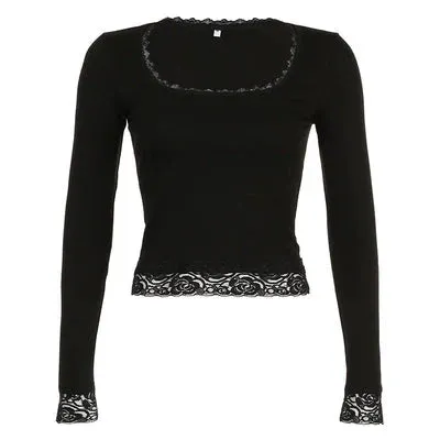 Fashionkova Lace Trim Basic Long Sleeve Top