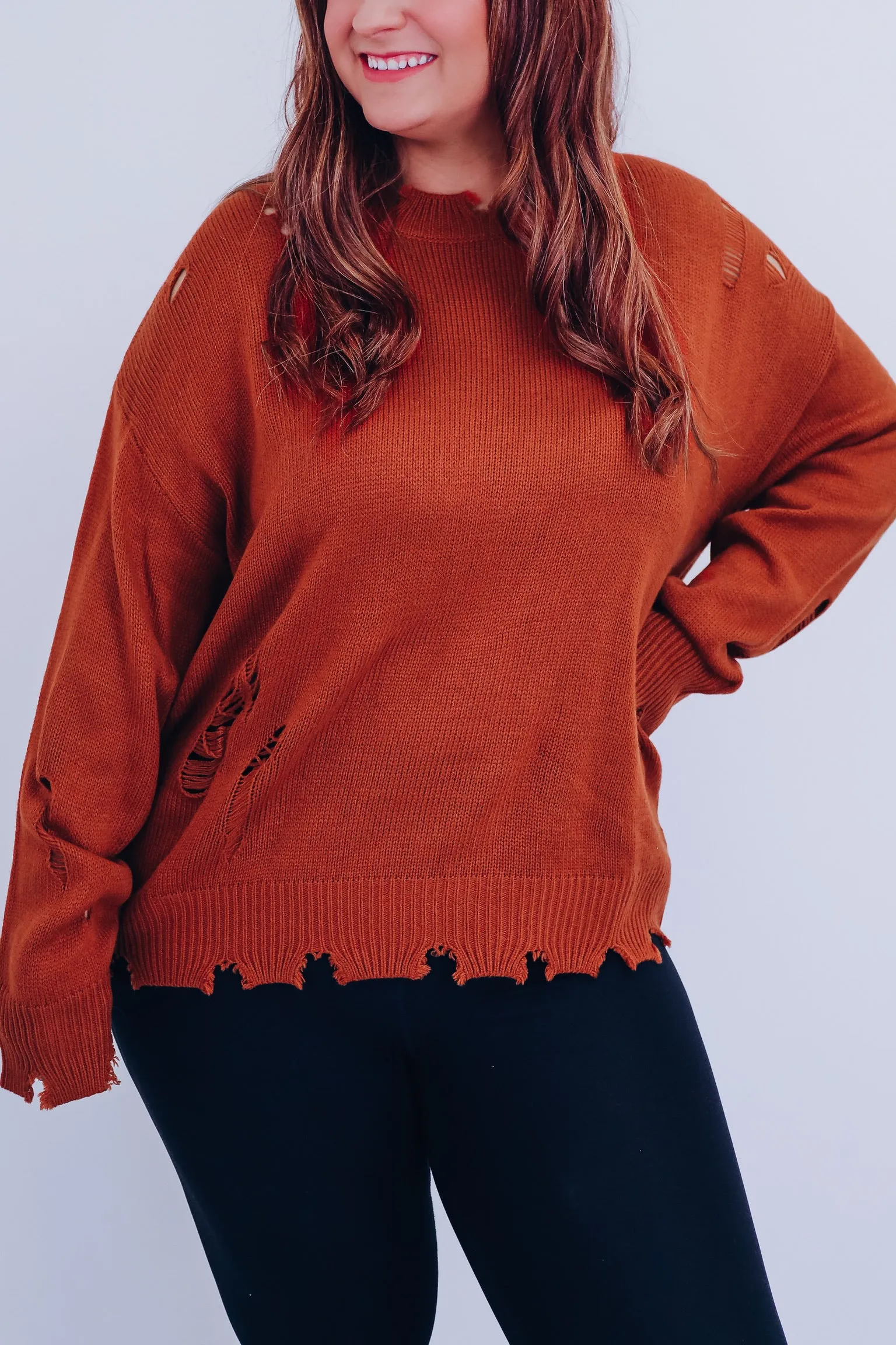 Finley Frayed Round Neck Sweater - Rust