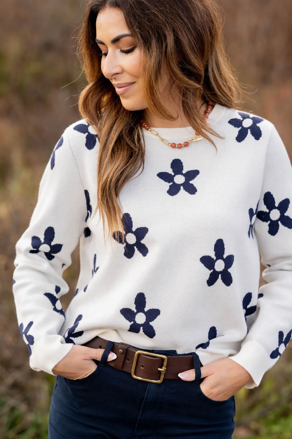 Floral Fun Ribbed Trim Sweater