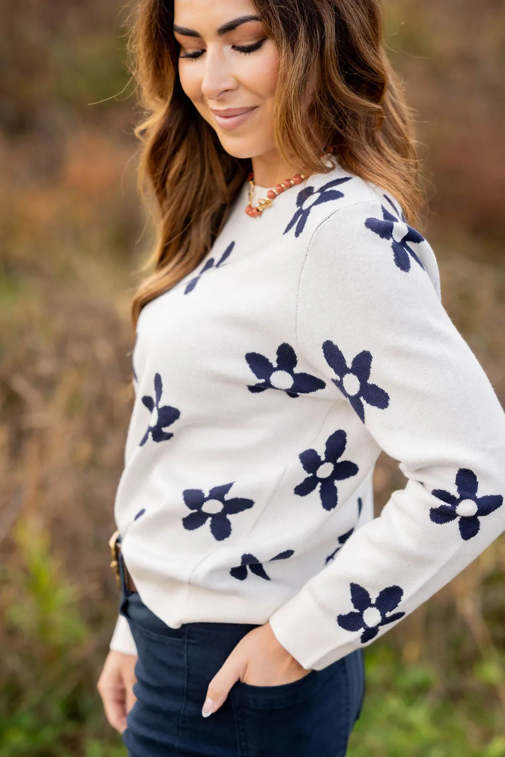 Floral Fun Ribbed Trim Sweater