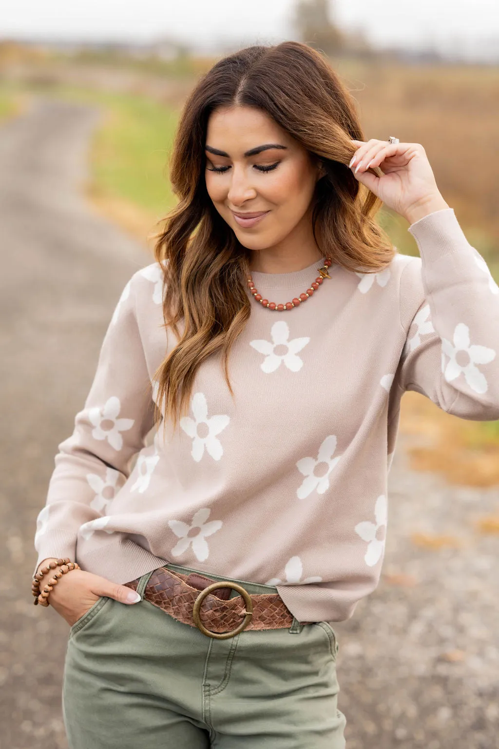 Floral Fun Ribbed Trim Sweater