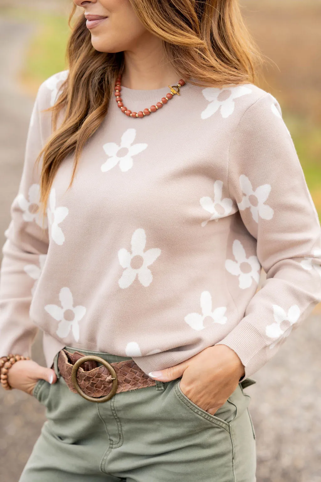 Floral Fun Ribbed Trim Sweater