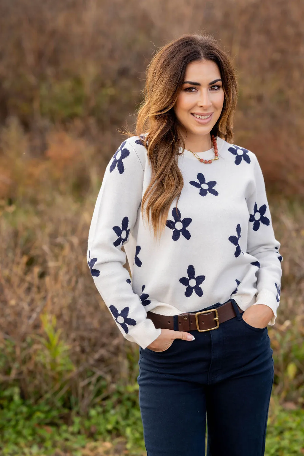 Floral Fun Ribbed Trim Sweater