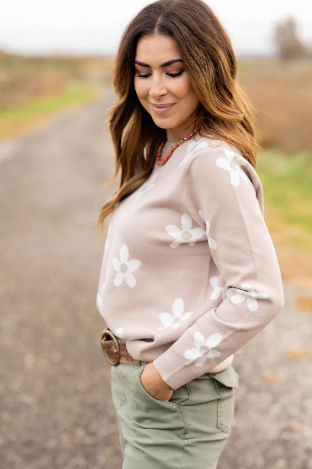 Floral Fun Ribbed Trim Sweater