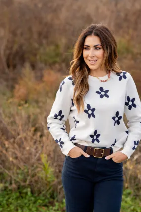 Floral Fun Ribbed Trim Sweater