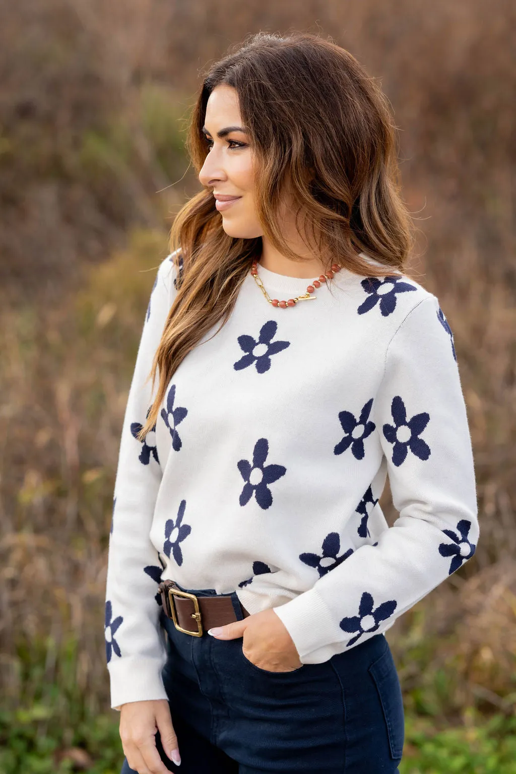 Floral Fun Ribbed Trim Sweater