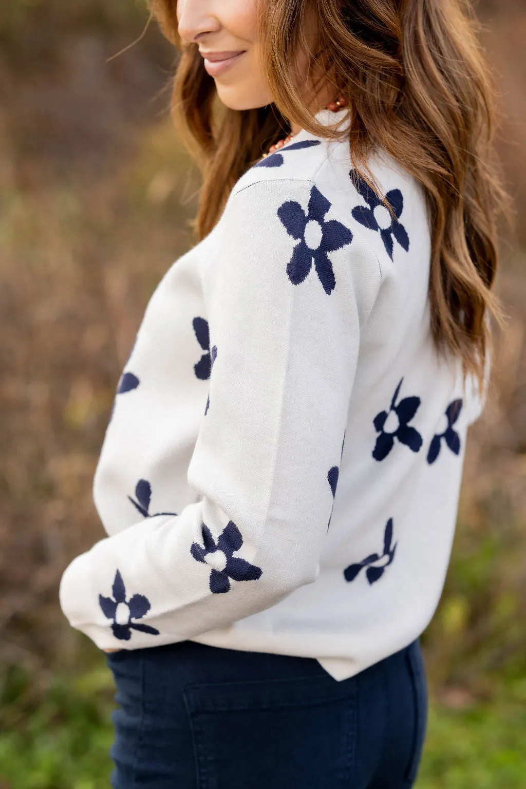 Floral Fun Ribbed Trim Sweater