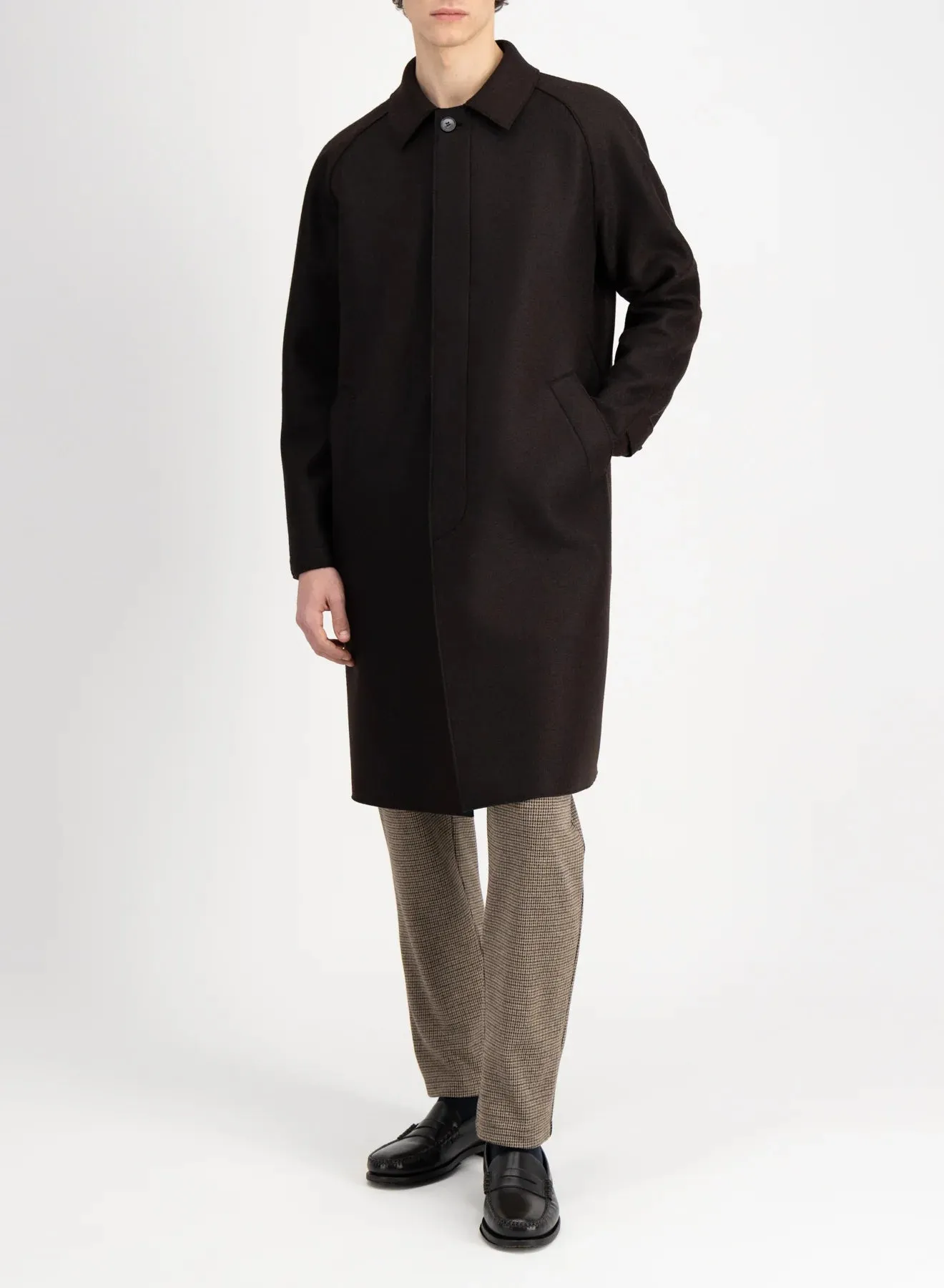 Fly front raglan coat pressed wool - Dark brown