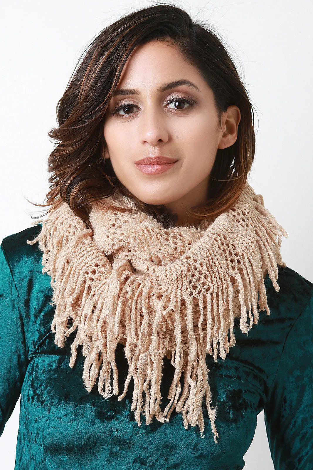 Fuzzy Stripe Knit Fringe Circle Scarf