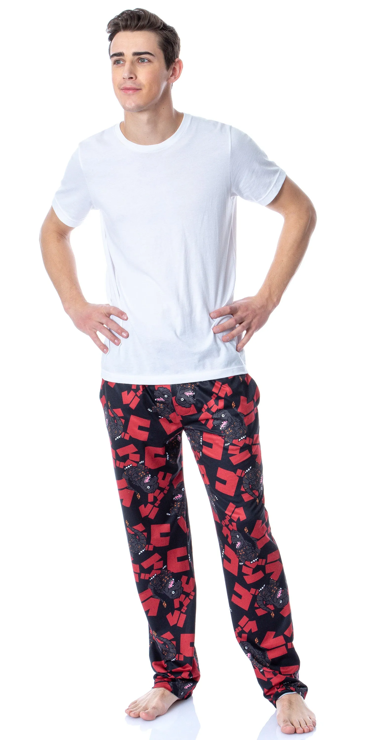 Godzilla Men's Character And Japanese Script Allover Pattern Pajama Pants