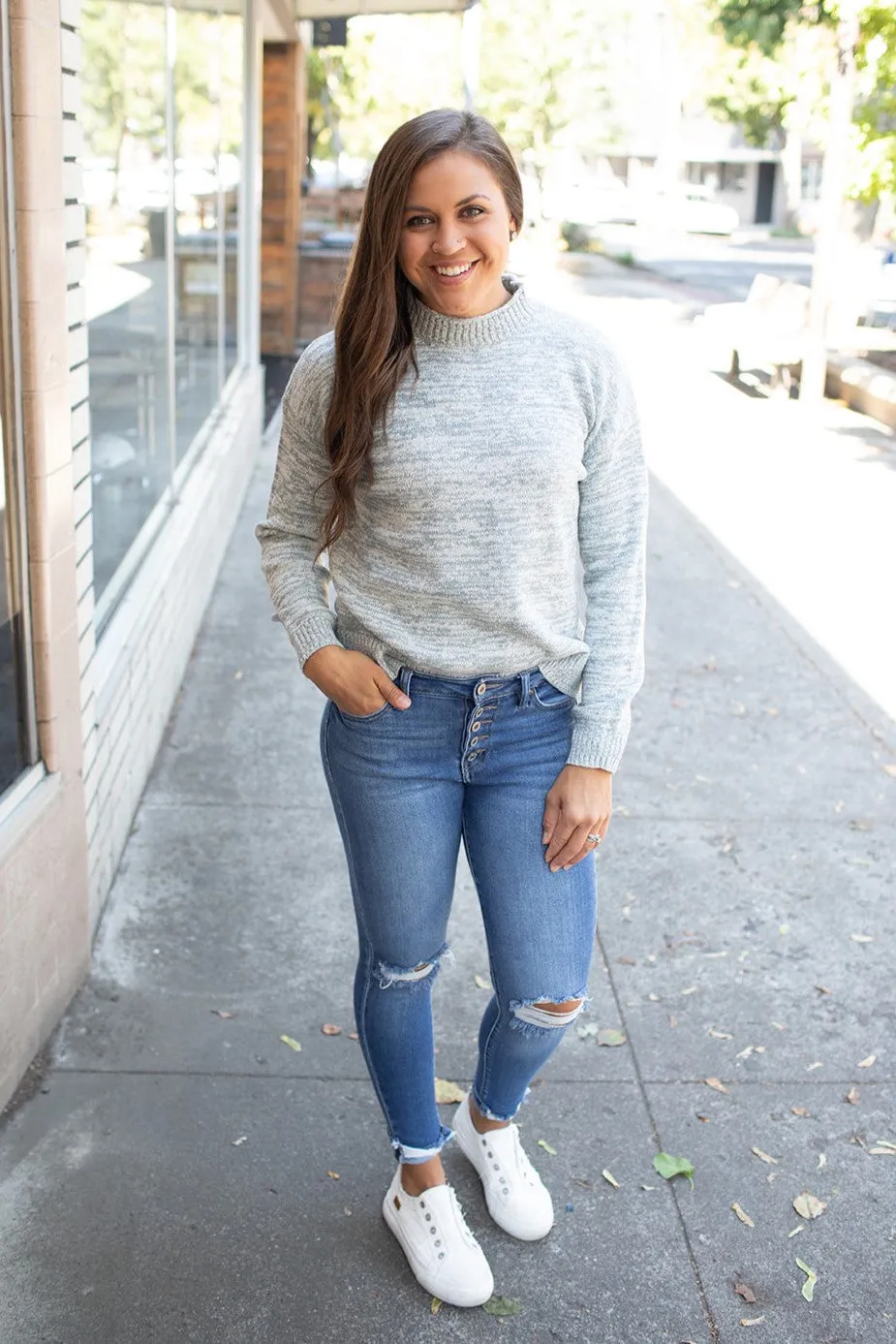 Gray Space Dye Mock Neck Sweater