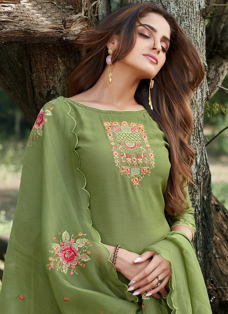 Green Embroidered Cotton Silk Pants Style Suit